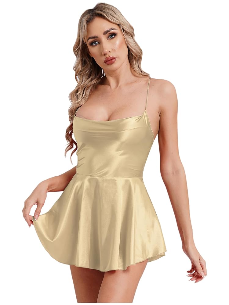 トップス pellicule satin gather mini op Amazon.com: Moily Women Shiny Satin Mini Dress Sexy Cowl